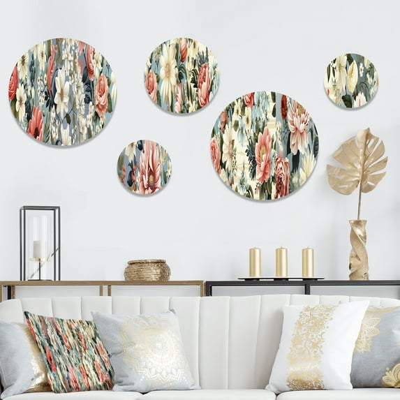 Designart "Serenading Beauty In Pink Floral Gardens I" Floral Round Wall Art Set Of 5 - Pink Cottage Office Room Wall Art Set