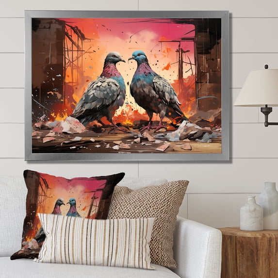 Designart "Serenading Pigeons Grey and Pink I" Animals Framed Wall Art Decor - Modern Farmhouse Pink Pigeon Bedroom Framed Canvas Wall Art