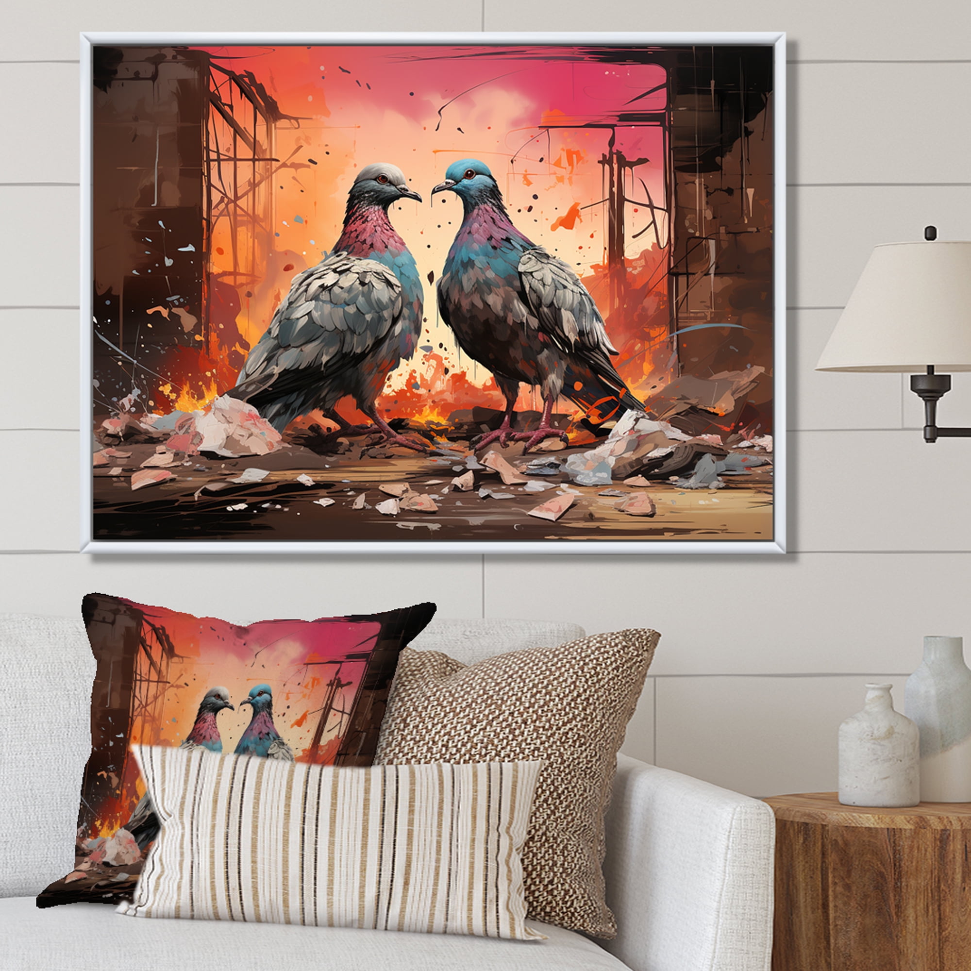 Designart "Serenading Pigeons Grey and Pink I" Animals Framed Wall Art