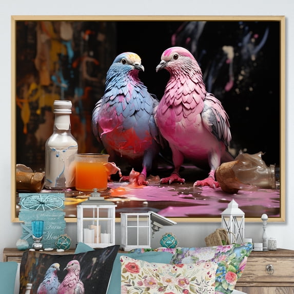 Designart "Serenading Pigeons Grey and Pink II" Animals Framed Wall Art - Modern Farmhouse Pink Pigeon Living Room Framed Canvas Art