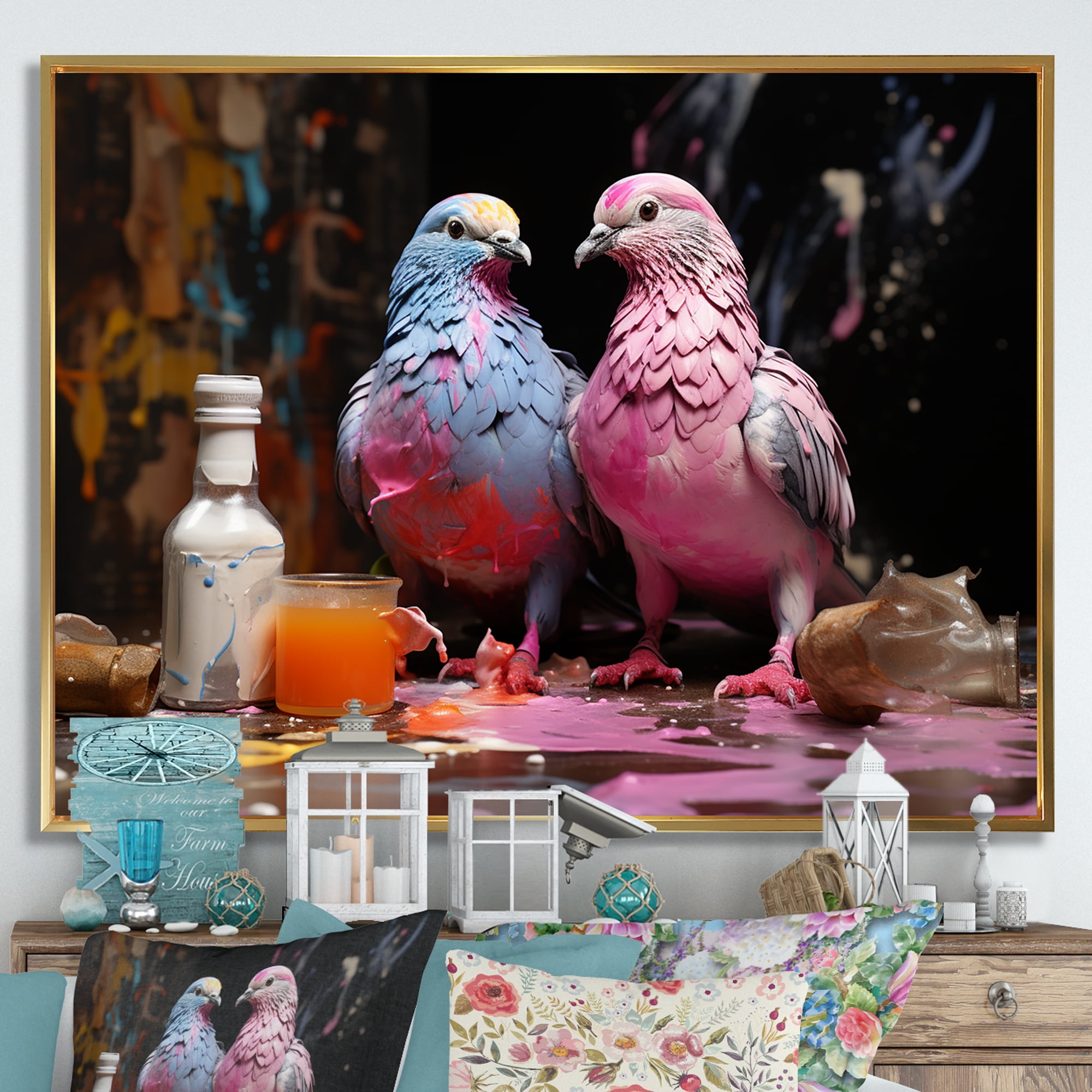 Designart "Serenading Pigeons Grey and Pink II" Animals Framed Wall Art