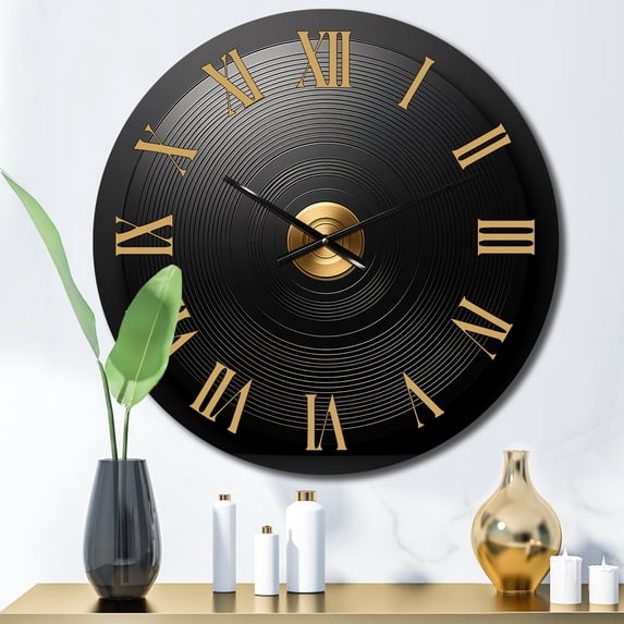 Designart "Serenading Tunes on Black and Gold Vinyl II" Music Oversized Wall Clock
