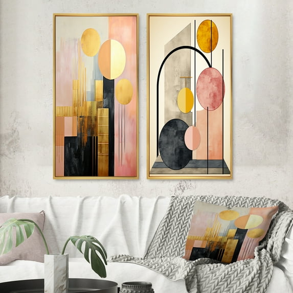 Designart "Serendipitous Circles Geometric Minimalism III" Modern Geometric Framed Wall Art Set Of 2 - Modern Gold Frame Gallery Set For Office Decor