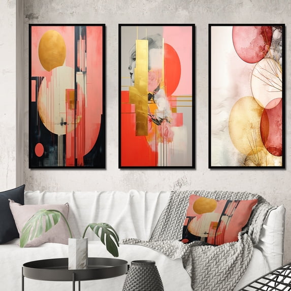 Designart "Serendipitous Circular Geometric Serenity IV" Modern Geometric Framed Wall Art Set Of 3 - Gold Abstract Frame Canvas Set For Living Room Decor