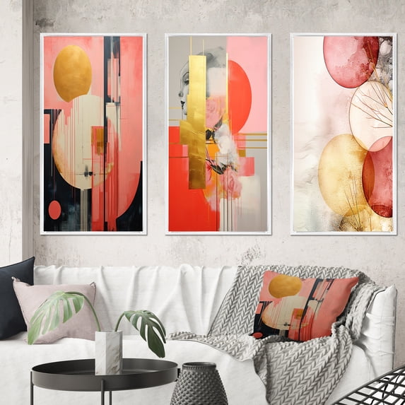 Designart "Serendipitous Circular Geometric Serenity IV" Modern Geometric Framed Wall Art Set Of 3 - Gold Abstract Frame Canvas Set For Living Room Decor