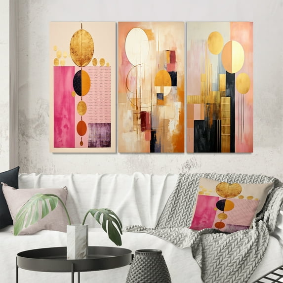 Designart "Serendipitous Circular Geometric Serenity V" Modern Geometric Wall Art Set Of 3 - Gold Abstract Gallery Wall Set For Home Decor