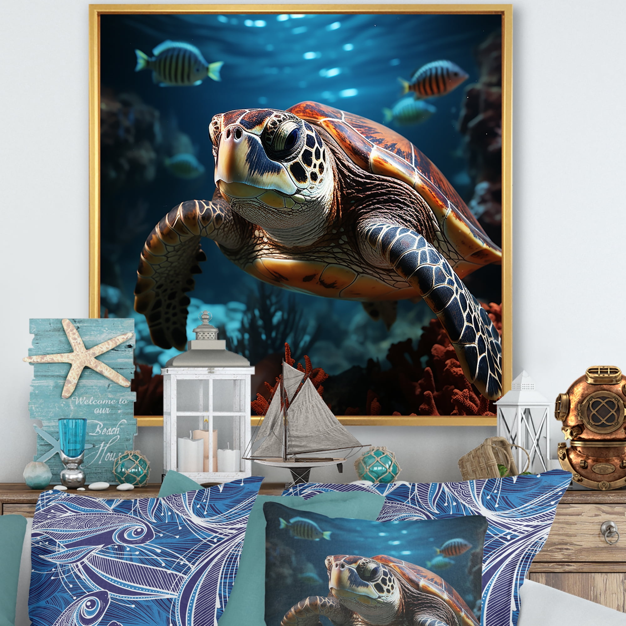 Designart "Serene Abstract Vista I" Animals Turtle Floater Framed