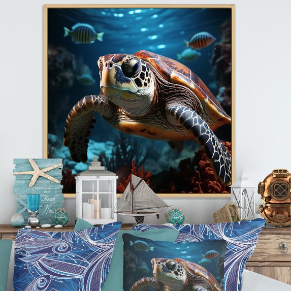 Designart "Serene Abstract Vista I" Animals Turtle Floater Framed Canvas Prints