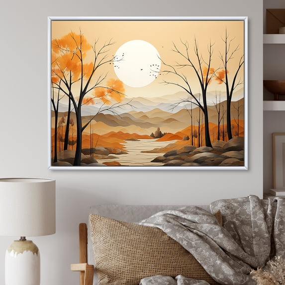 Designart "Serene Autumn Landscape Scene II" Minimalism Floater Framed Wall Art Living Room