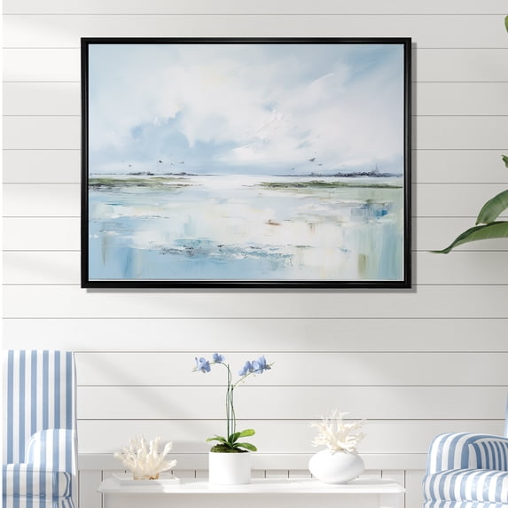 Designart "Serene Beach Horizon In Soft Colors" Coastal Minimalism Floater Framed Canvas Art Print