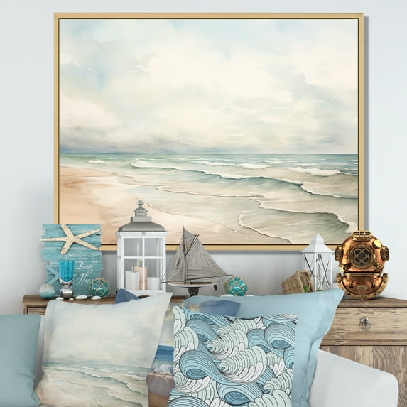 Designart "Serene Beach Horizon In Soft Colors IV" Coastal Minimalism Floater Framed Wall Decor