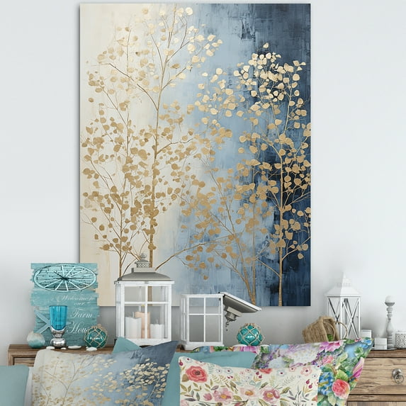 Designart "Serene Beige-Blue Arboreal Blend" Landscape Trees Wall Art Living Room