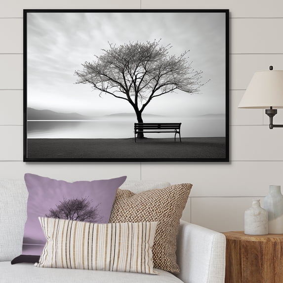 Designart "Serene Black And White Lakeside" Lakes Lakehouse Floater Framed Wall Decor