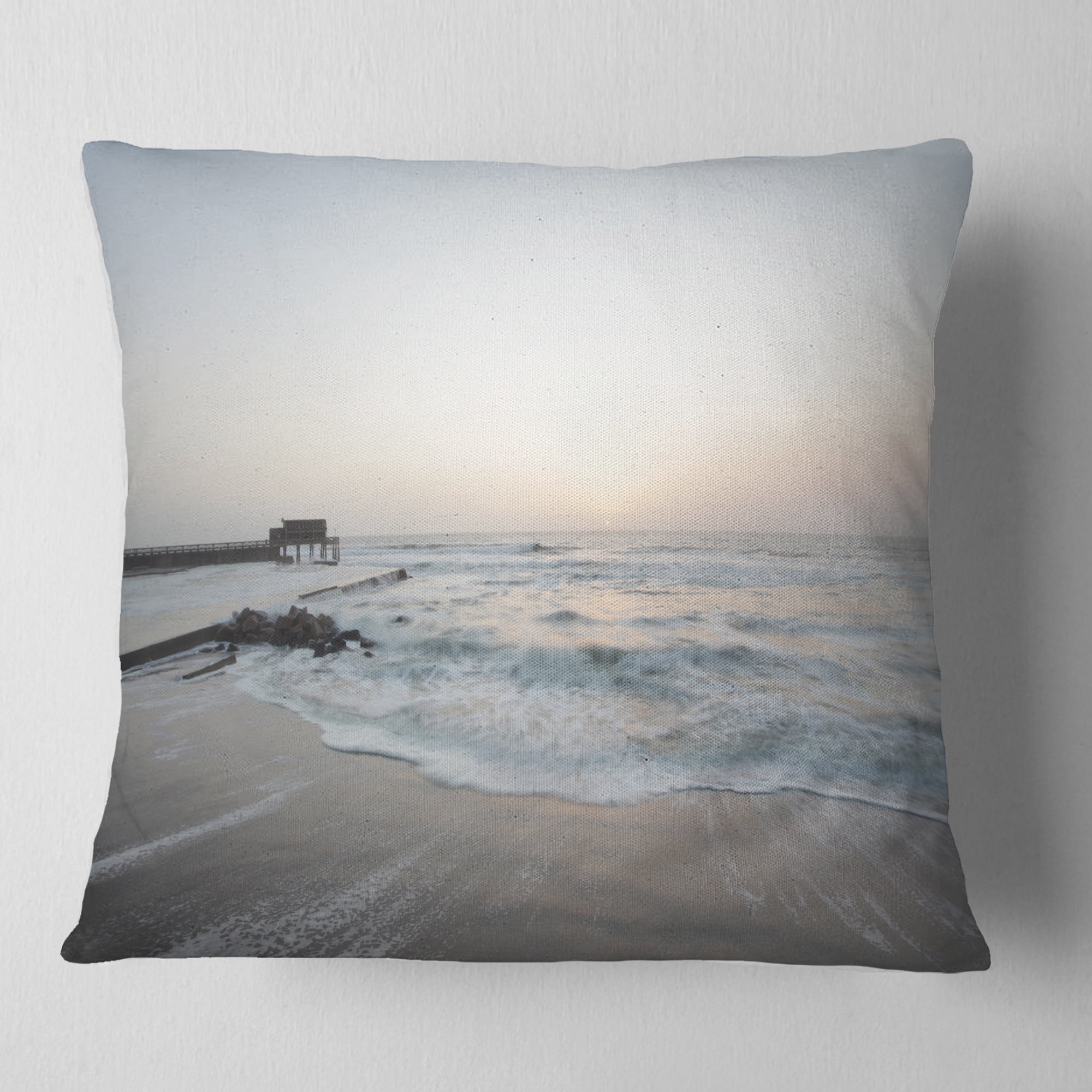 Designart Serene Blue Beach with White Sun - Modern Beach Throw Pillow - 16x16