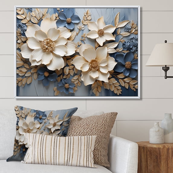 Designart "Serene Blue Floral Mixture" Seasonal Flowers Floater Framed Canvas Wall Art