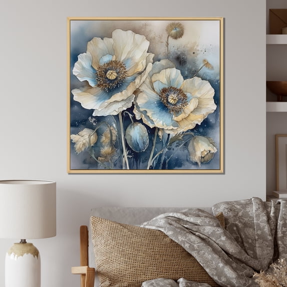 Designart "Serene Blue Poppies I" Poppies Floater Framed Wall Decor