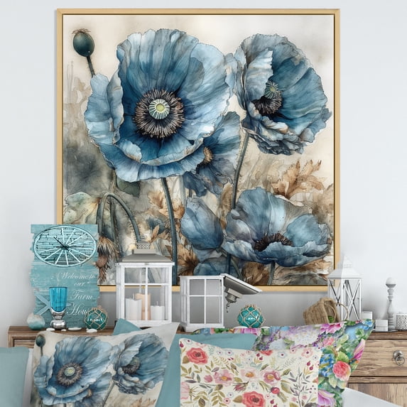 Designart "Serene Blue Poppies" Poppies Floater Framed Canvas Prints