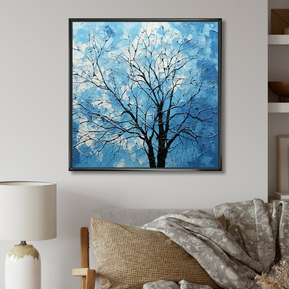 Designart "Serene Blue Tree Minimalism I" Landscape Trees Floater Framed Canvas Wall Art