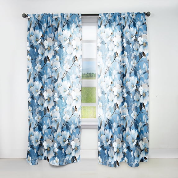Designart "Serene Blue White Floral Bliss II" Floral Room Darkening Curtain Single Panel