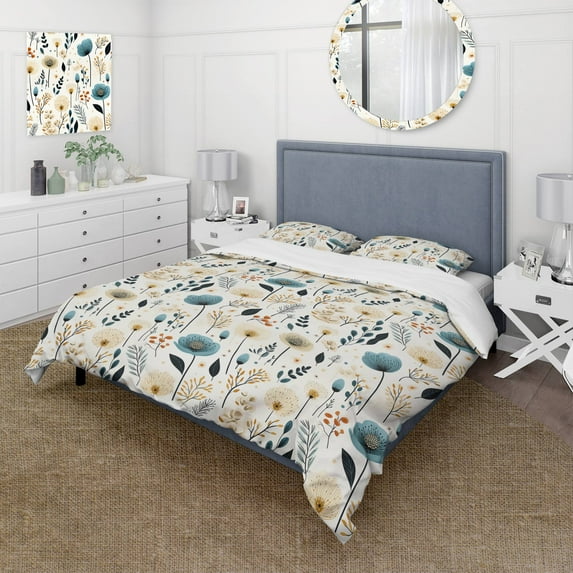 Designart "Serene Blue White Nordic Blooms" Floral Bedding Covert Set - Cottage Bed Set With 2 Shams