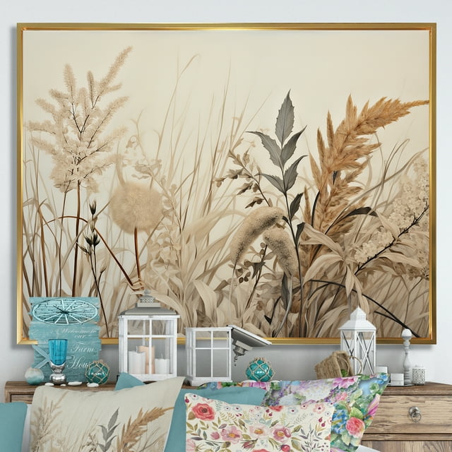 Designart "Serene Botanical Minimalism In Beige" Plants Floater Framed Canvas Art Print