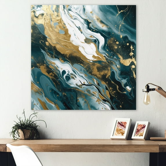 Designart "Serene Cascade Blue Gold Harmony" Abstract Metal Art Living Room