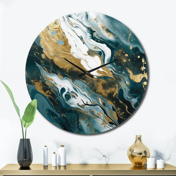 Designart "Serene Cascade Blue Gold Harmony" Abstract Oversized Wall Clock
