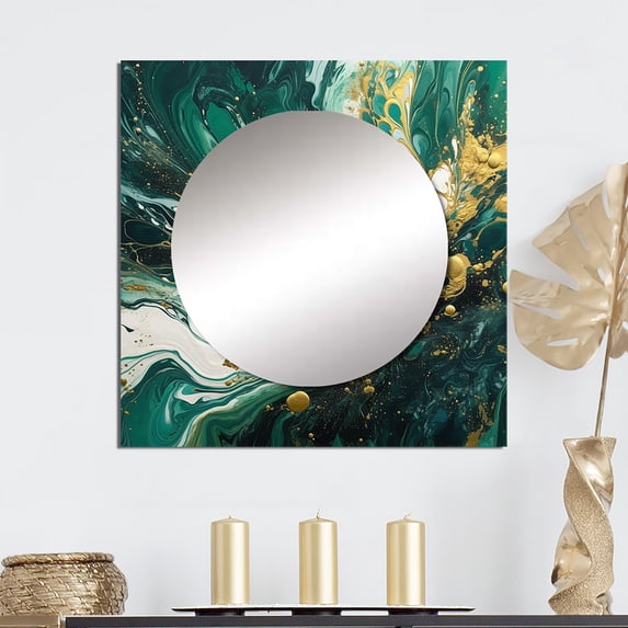 Designart "Serene Cascade in Green and Gold I" Abstract Green Large Square Mirror - Square Bedroom Mirror Printed Wall Decor - Transitional Square Printed Wall Mirror Art