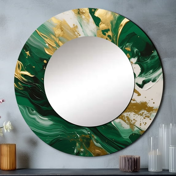 Designart "Serene Cascade in Green and Gold II" Abstract Rund Mirror For Wall Decor - Large Green Round Printed Mirror - Contemporary Round Mirror 36" x 36" Inch