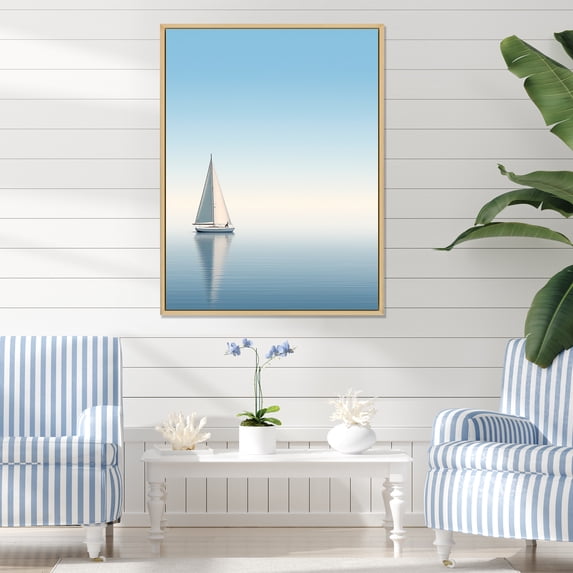 Designart "Serene Coastal Sailing In White" Coastal Floater Framed Canvas Art Print