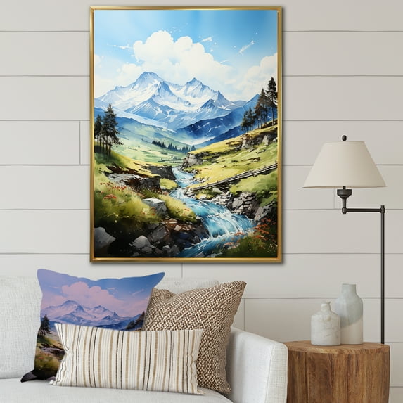 Designart "Serene Creek At Mountain Summit I" Landscape Mountains Floater Framed Wall Art Prints