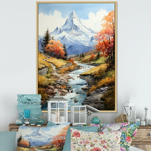 Designart "Serene Creek At Mountain Summit II" Landscape Mountains Floater Framed Wall Art Living Room