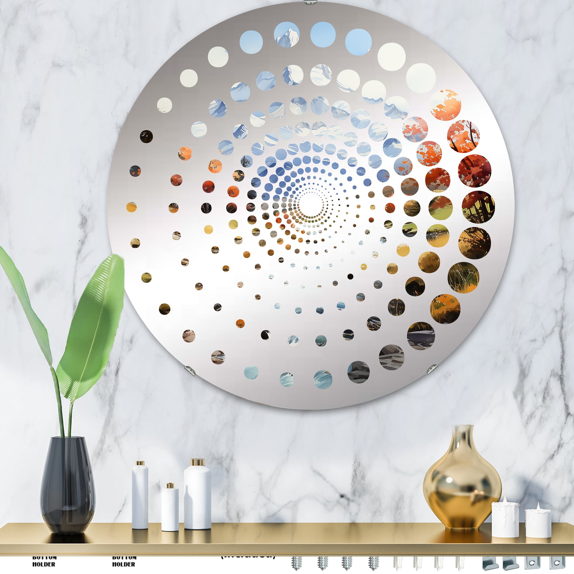 Designart "Serene Creek at Mountain Summit II" Landscape Mountains Spiral Dot Round Wall Mirror