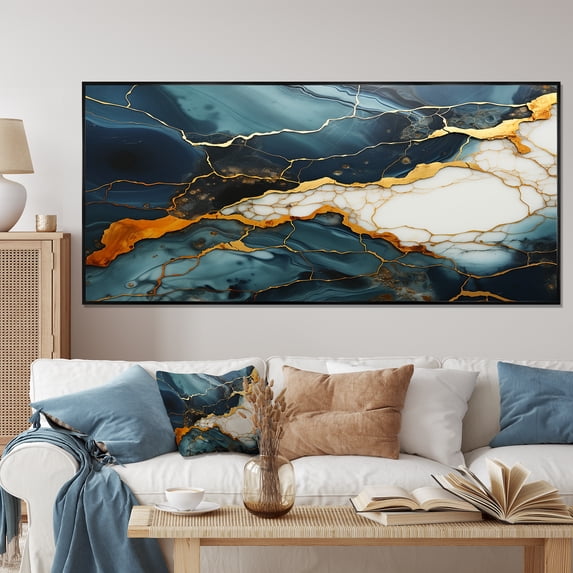 Designart "Serene Dream Gold and Green Abstract Marble I" Extra Large Abstract Framed Wall Art - Modern Gold Abstract Marble Living Room Framed Canvas Art