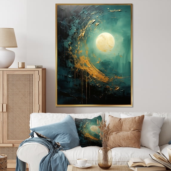 Designart "Serene Emerald Eclipse Moon" Moon Floater Framed Wall Art Prints