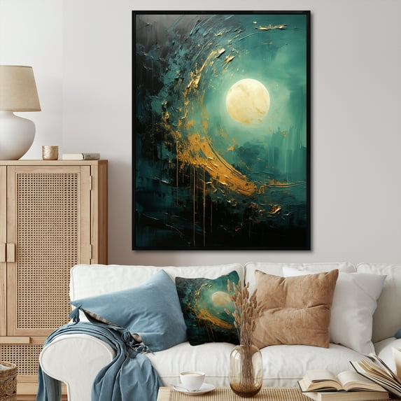 Designart "Serene Emerald Eclipse Moon" Moon Floater Framed Wall Art Prints