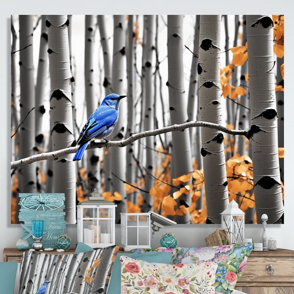Designart "Serene Forest Bird Monochrome Blue Grey II" Animals Wall Art Living Room