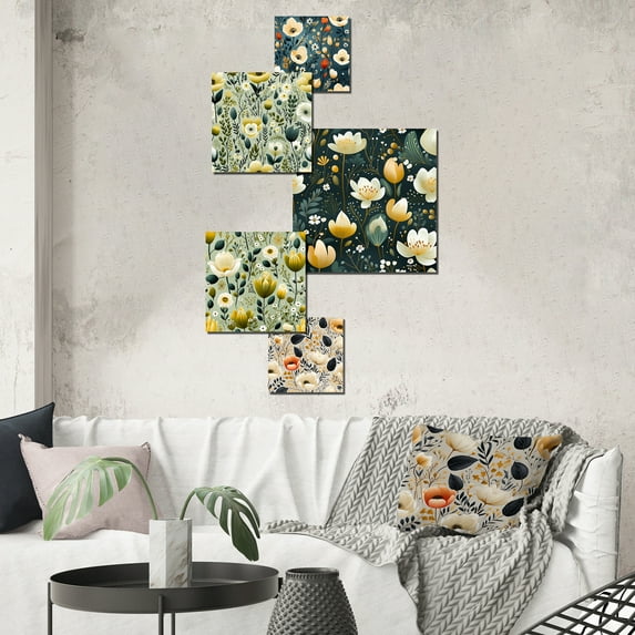 Designart "Serene Garden In Teal And Yellow Blooms" Floral Wall Art Set Of 5 - Teal Cottage Office Room Metal Wall Art Set