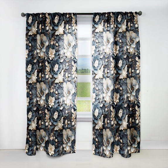 Designart "Serene Grey White Floral Haven I" Floral Room Darkening Curtain Single Panel