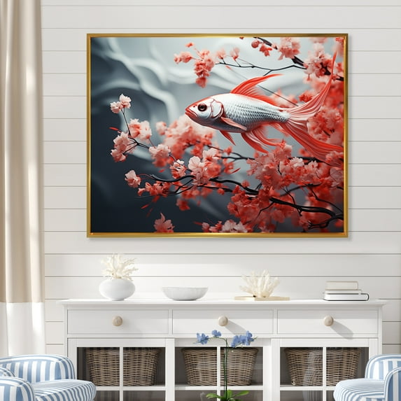Designart "Serene Image Of Red And Grey Koi Fish Swimming II" Kois Fish Floater Framed Wall Decor