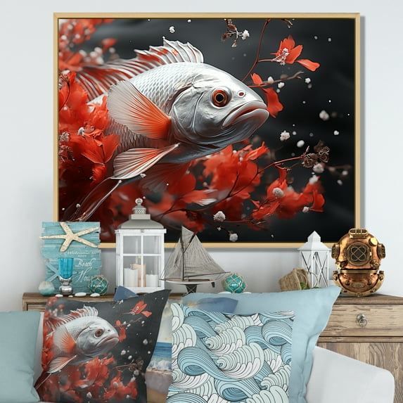 Designart "Serene Image Of Red And Grey Koi Fish Swimming III" Kois Fish Floater Framed Wall Art Prints