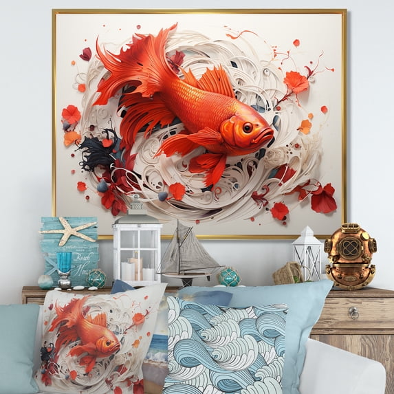 Designart "Serene Image Of Red And Grey Koi Fish Swimming" Kois Fish Floater Framed Wall Art Prints