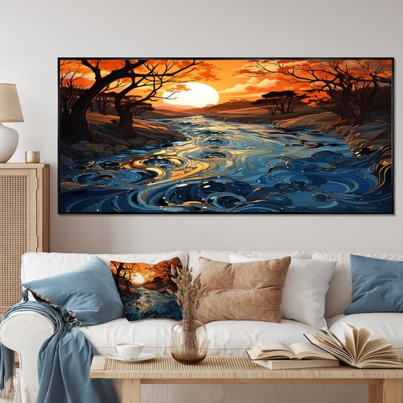 Designart "Serene Journey Along an Orange and Blue River I" Extra Large Landscapes Framed Wall Art - Country Orange Forest River Bedroom Framed Canvas Wall Art