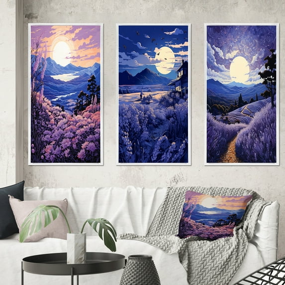 Designart "Serene Lavender Fields Beneath the Sky I" Lavender Framed Wall Art Set Of 3 - Purple Traditional Frame Gallery Set For Office Decor