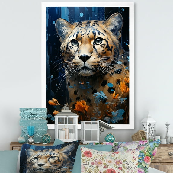 Designart "Serene Leopard in Blue and Gold" Animals Framed Wall Art - Traditional Brown Leopard Hallway Framed Wall Art Decor