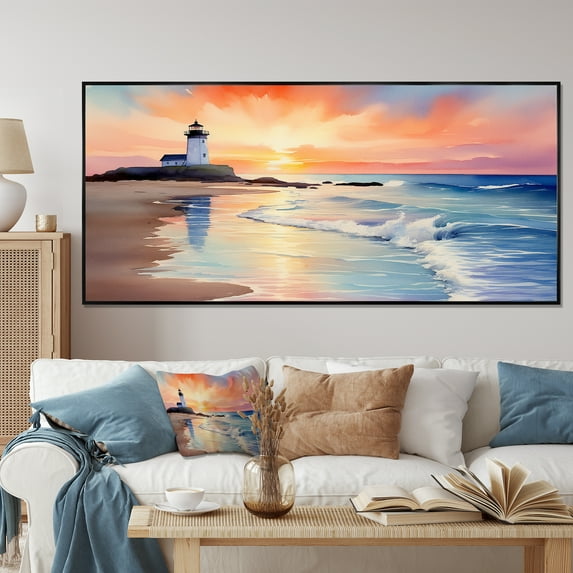 Designart "Serene Lighthouse Scene Orange Sunset on the Coast II" Oversized Coastal Framed Wall Art - Coastal Orange Coastal Beach Living Room Framed Canvas Art