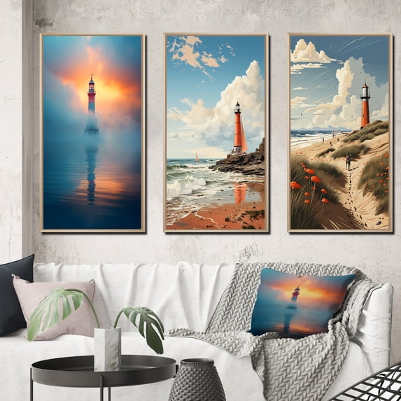 Designart "Serene Lighthouse Sunset Mist" Beach Light House Framed Wall Art Set Of 3 - Blue Coastal Light House Frame Gallery Wall Set For Home Decor