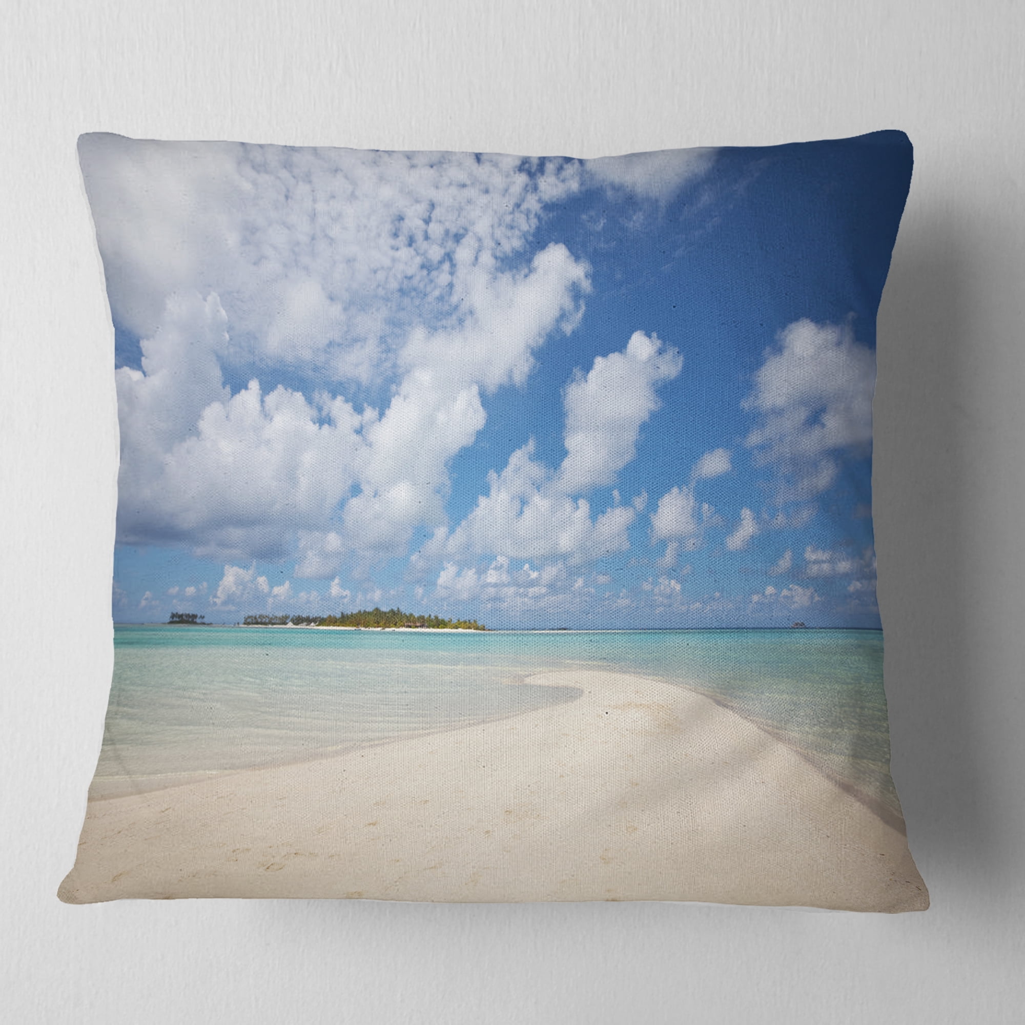 Designart Serene Maldives Beach under Clouds - Seascape Throw Pillow - 18x18