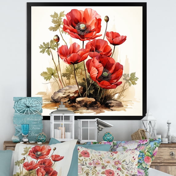 Designart "Serene Meadows of Red Poppies II" Floral Framed Wall Art Decor - Traditional Red Poppy Living Room Framed Canvas Art