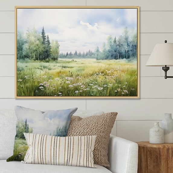 Designart "Serene Minimalist Meadow Scenery V" Meadow Floater Framed Canvas Prints